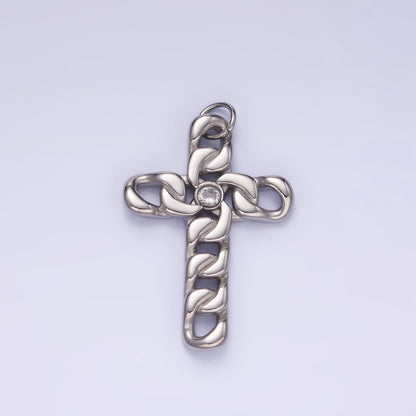Stainless Steel CZ Curb Chain Religious Cross Charm in Gold &amp; Silver | P965