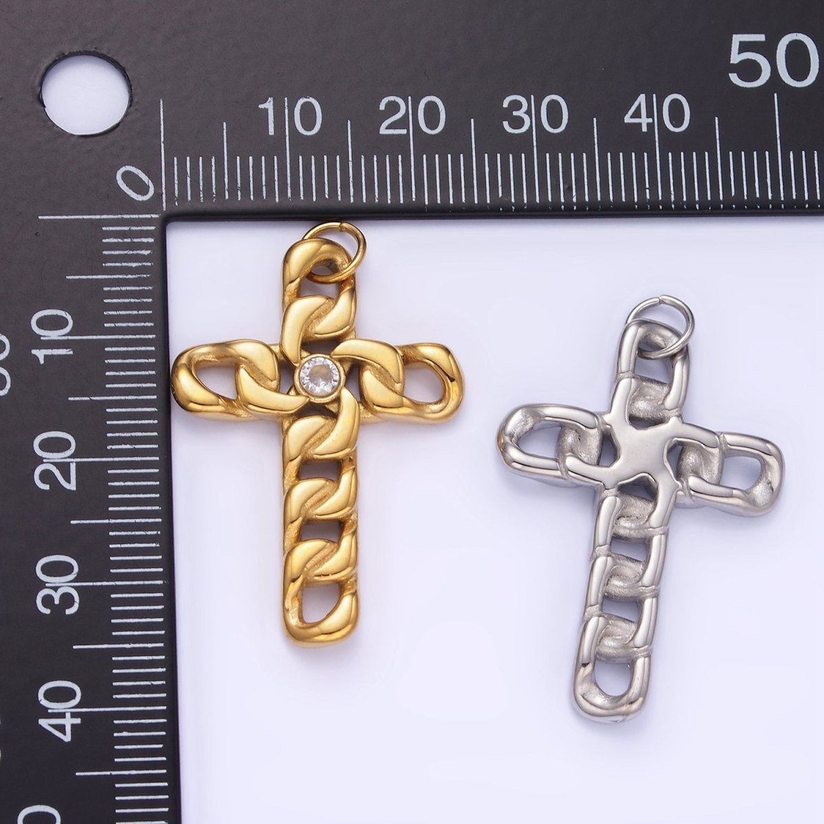 Stainless Steel CZ Curb Chain Religious Cross Charm in Gold &amp; Silver | P965