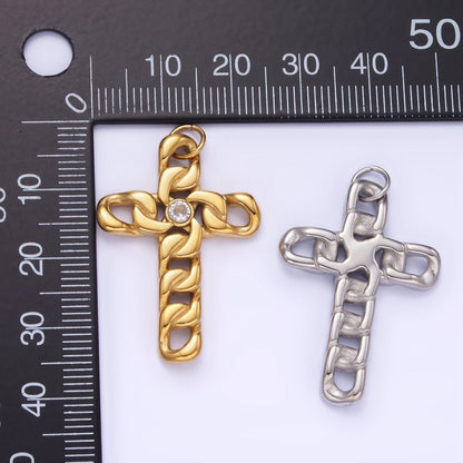 Stainless Steel CZ Curb Chain Religious Cross Charm in Gold &amp; Silver | P965