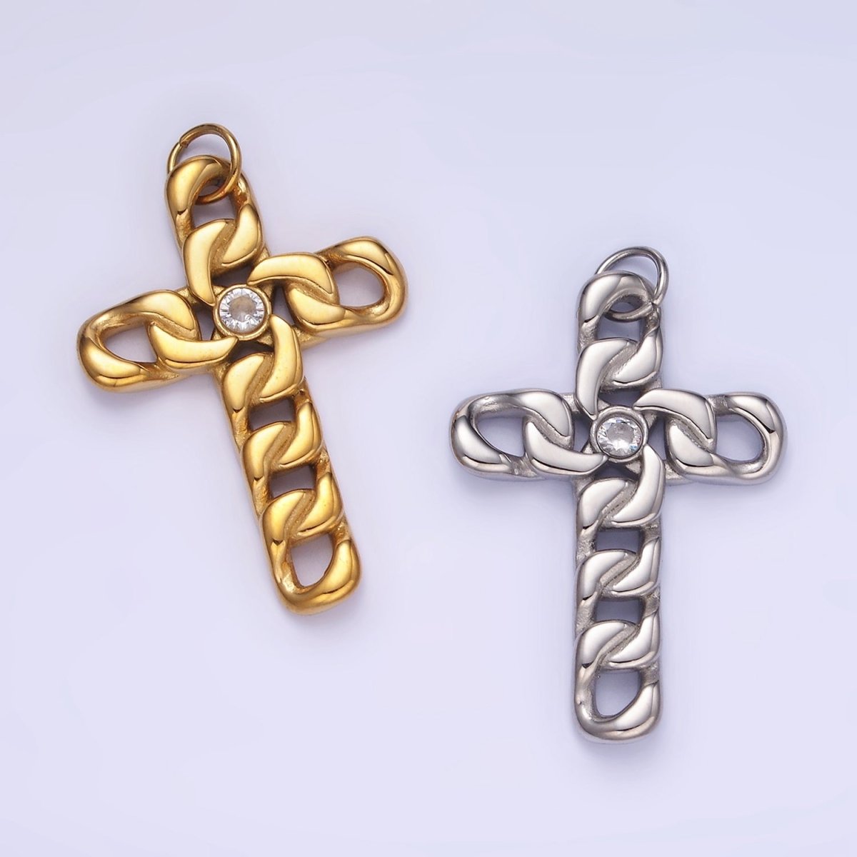 Stainless Steel CZ Curb Chain Religious Cross Charm in Gold &amp; Silver | P965