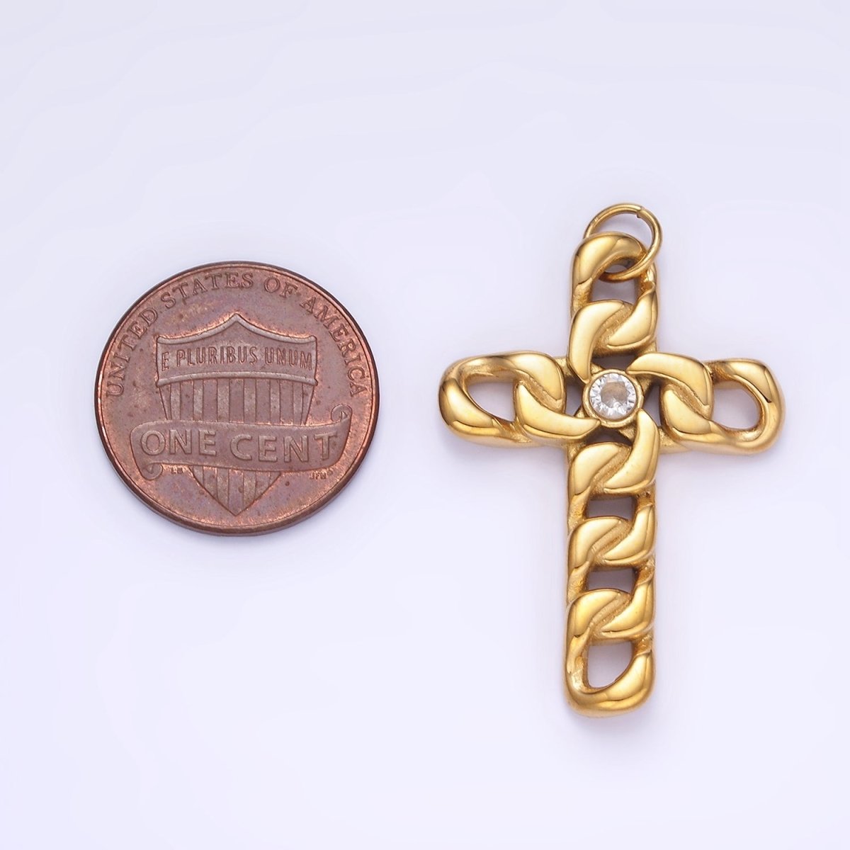 Stainless Steel CZ Curb Chain Religious Cross Charm in Gold &amp; Silver | P965