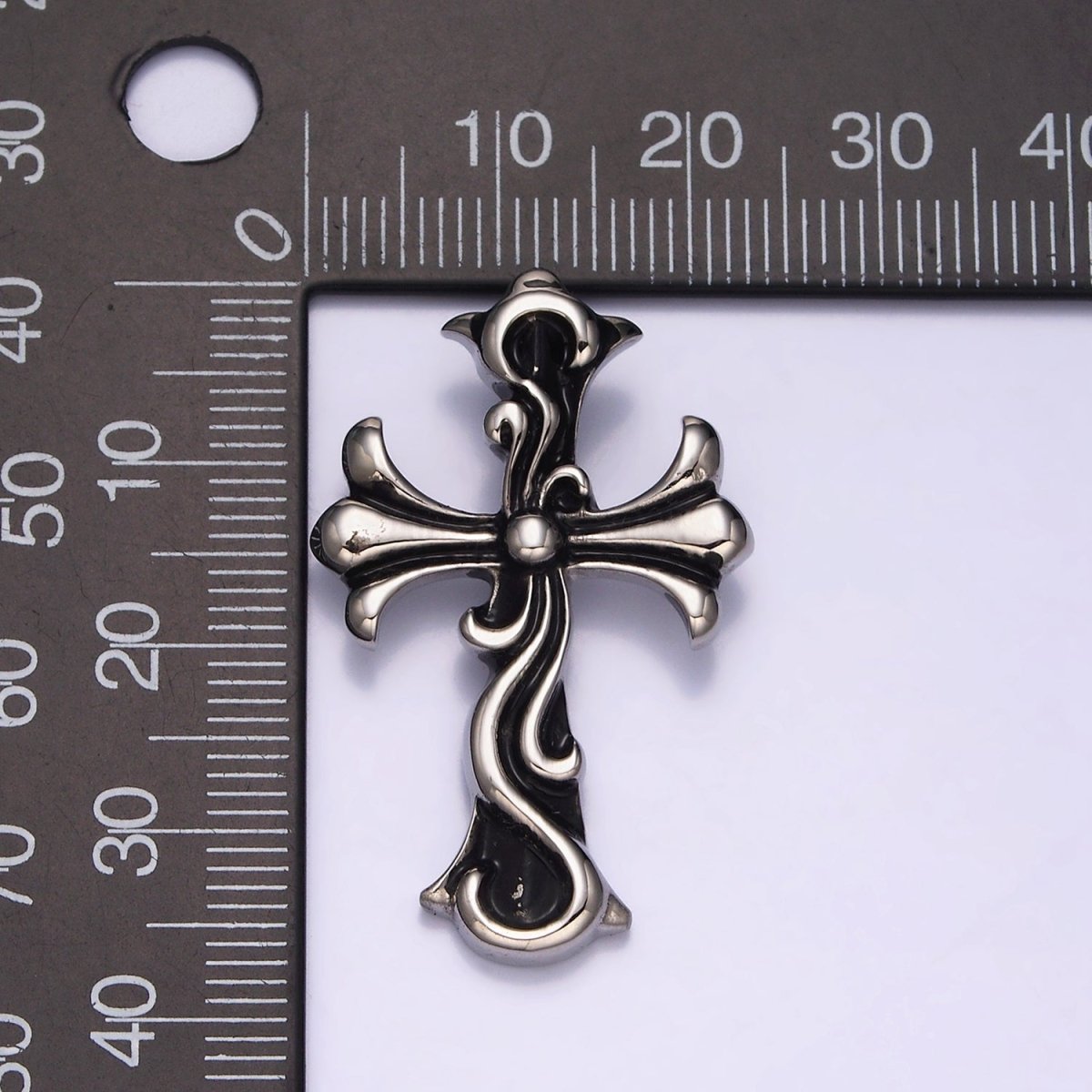 Stainless Steel 35mm Twirl Ribbon Fleury Cross Charm  P-553