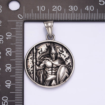 Stainless Steel 35mm Warrior Soldier Spear Shield Round Pendant | P-824