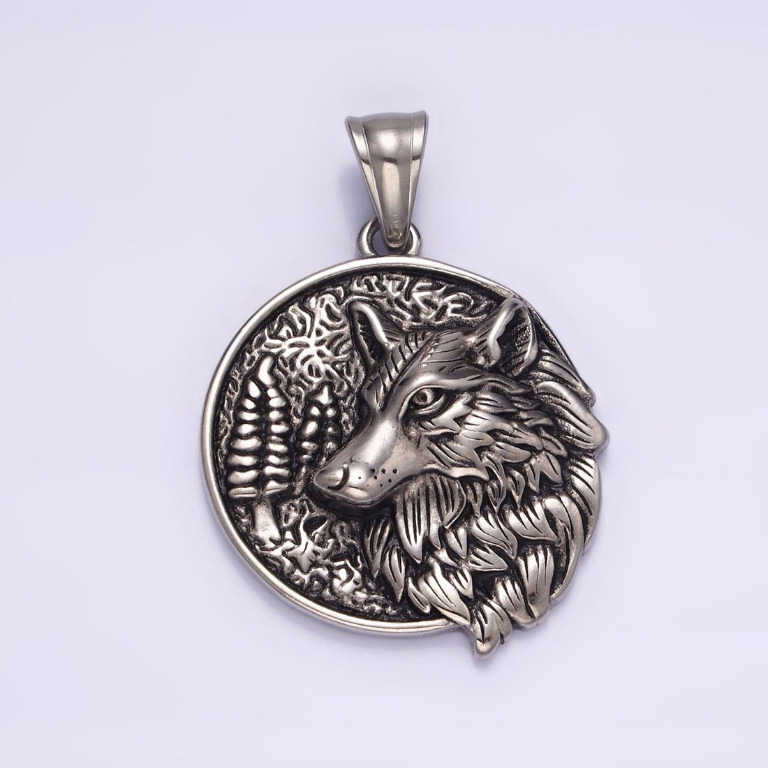 Stainless Steel 35mm Wolf Animal Nature Forest Trees Textured Round Pendant | P-827
