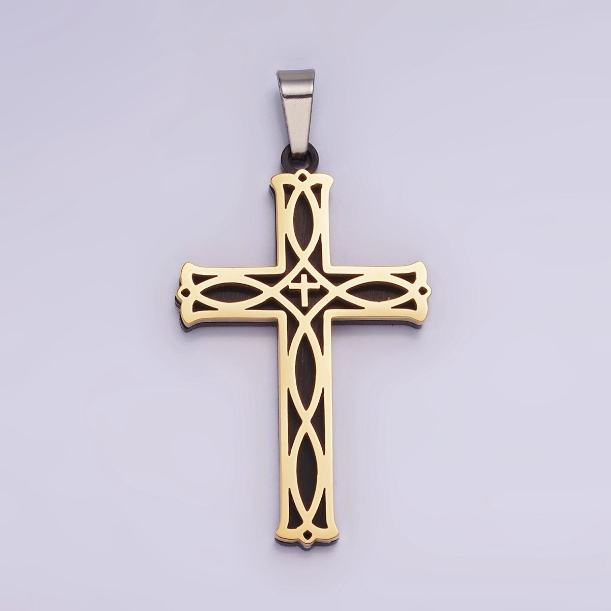Stainless Steel 37.5mm Celtic Black Back Accented Artisan Bar Religious Cross in Gold &amp; Silver | P-757
