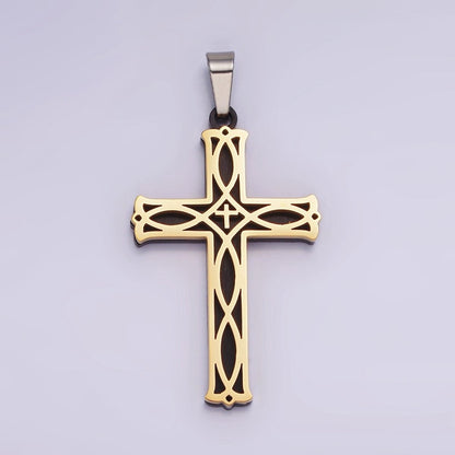 Stainless Steel 37.5mm Celtic Black Back Accented Artisan Bar Religious Cross in Gold &amp; Silver | P-757