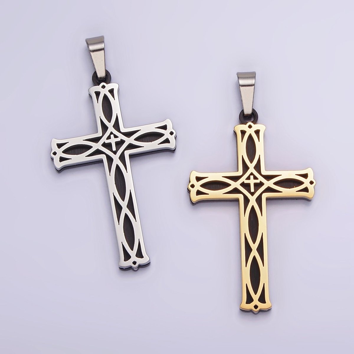 Stainless Steel 37.5mm Celtic Black Back Accented Artisan Bar Religious Cross in Gold &amp; Silver | P-757