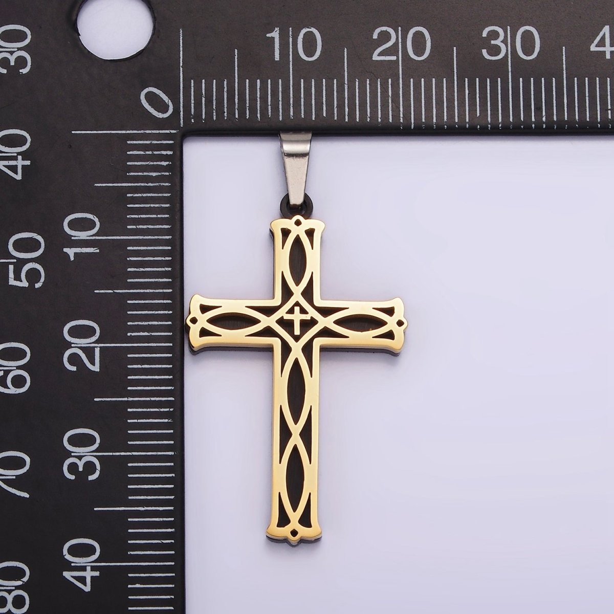 Stainless Steel 37.5mm Celtic Black Back Accented Artisan Bar Religious Cross in Gold &amp; Silver | P-757