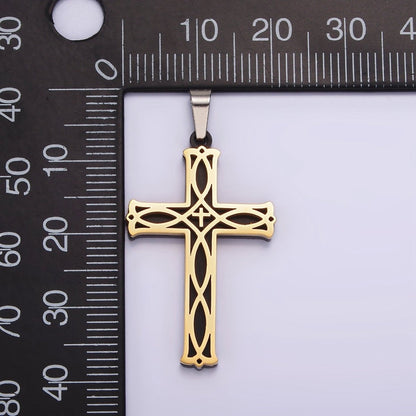 Stainless Steel 37.5mm Celtic Black Back Accented Artisan Bar Religious Cross in Gold &amp; Silver | P-757