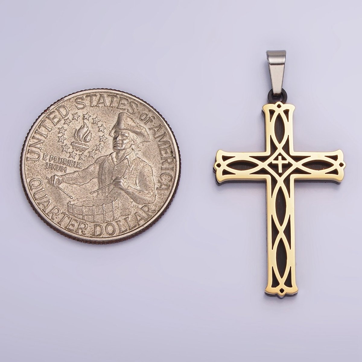Stainless Steel 37.5mm Celtic Black Back Accented Artisan Bar Religious Cross in Gold &amp; Silver | P-757