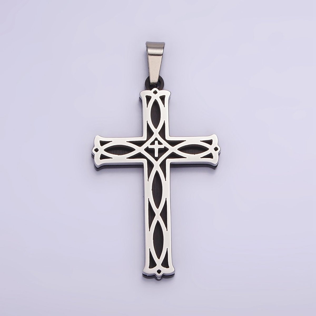 Stainless Steel 37.5mm Celtic Black Back Accented Artisan Bar Religious Cross in Gold &amp; Silver | P-757