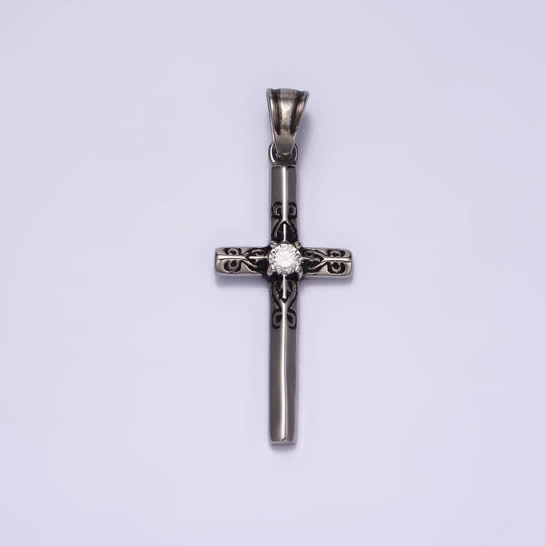 Stainless Steel 40mm, 50mm Round Clear CZ Engraved Edged Latin Cross Pendant  P-555 P-556