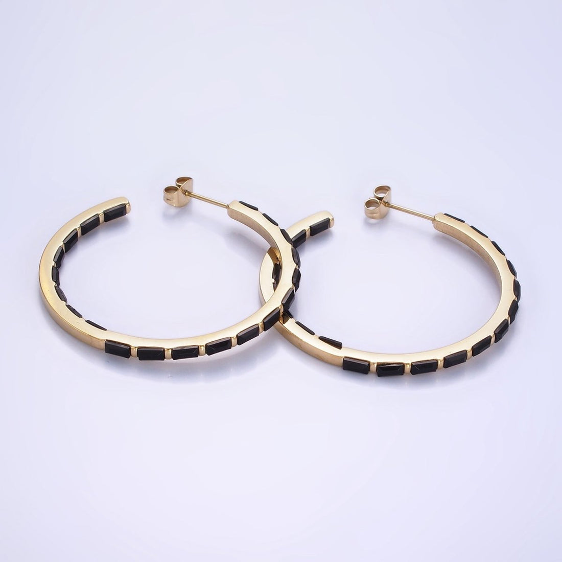 Stainless Steel 40mm Black Baguette CZ Lined C-Shaped Hoop Earrings | AB1151