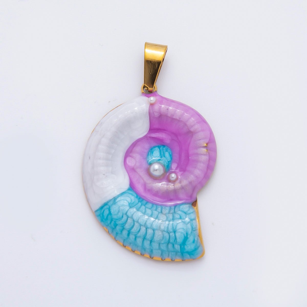 Stainless Steel 40mm Blue &amp; Purple Enamel Art Nautical Ammonite Shell Pendant | P-836
