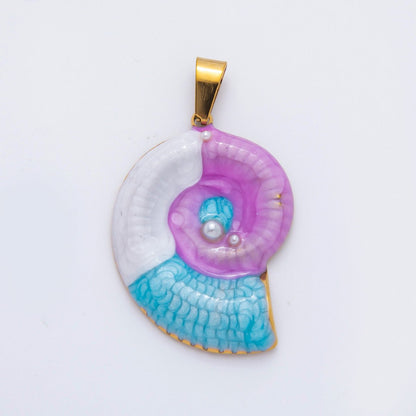 Stainless Steel 40mm Blue &amp; Purple Enamel Art Nautical Ammonite Shell Pendant | P-836