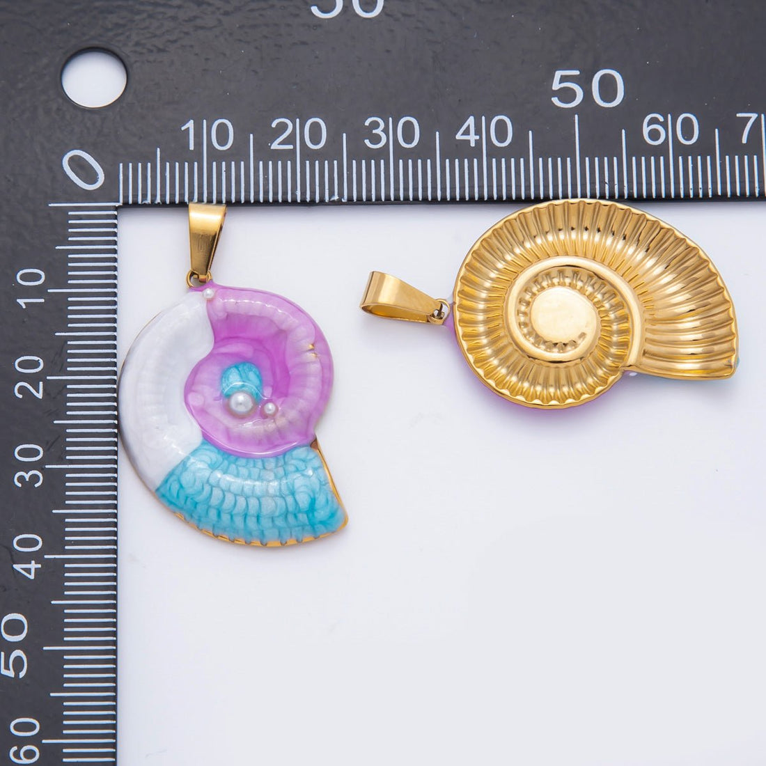 Stainless Steel 40mm Blue &amp; Purple Enamel Art Nautical Ammonite Shell Pendant | P-836