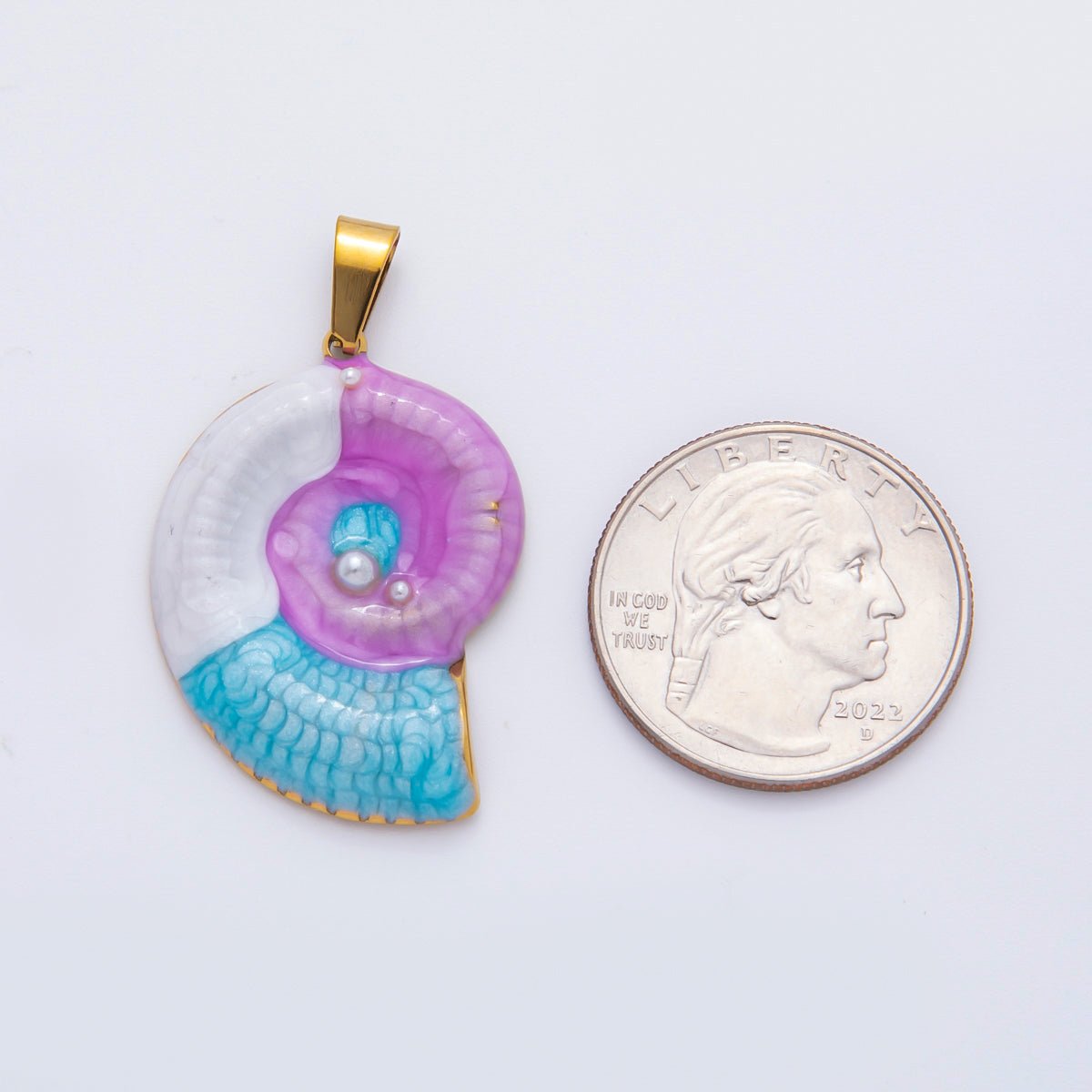 Stainless Steel 40mm Blue &amp; Purple Enamel Art Nautical Ammonite Shell Pendant | P-836
