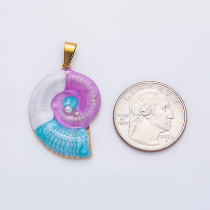 Stainless Steel 40mm Blue &amp; Purple Enamel Art Nautical Ammonite Shell Pendant | P-836