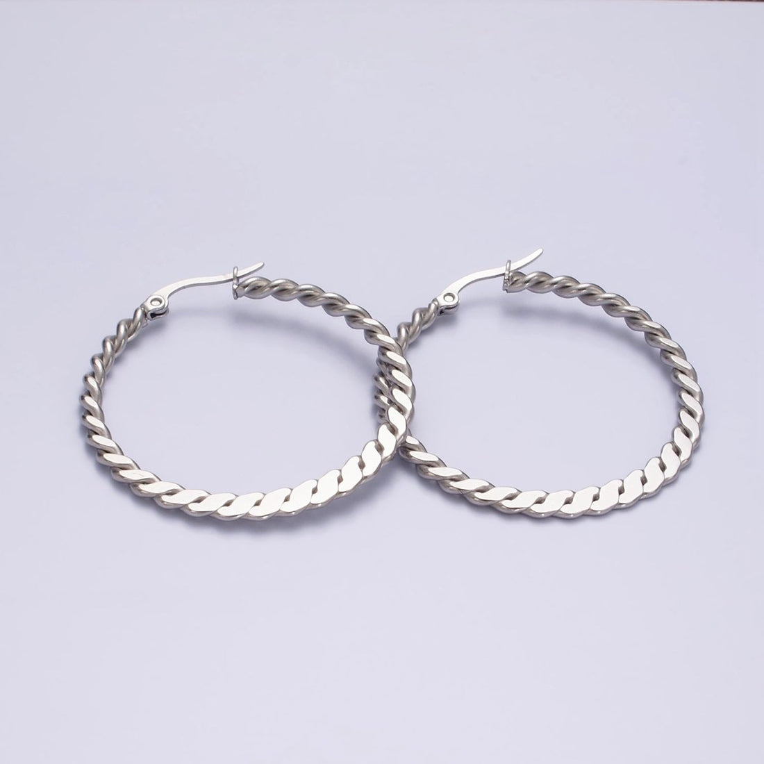 Stainless Steel 40mm Braided Twist Flat Geometric French Lock Latch Hoop Earrings | AE100