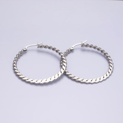 Stainless Steel 40mm Braided Twist Flat Geometric French Lock Latch Hoop Earrings | AE100