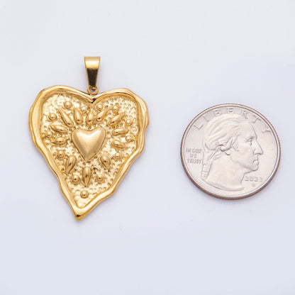 Stainless Steel 41.5mm Sunburst Textured Molten Heart Pendant | P-795
