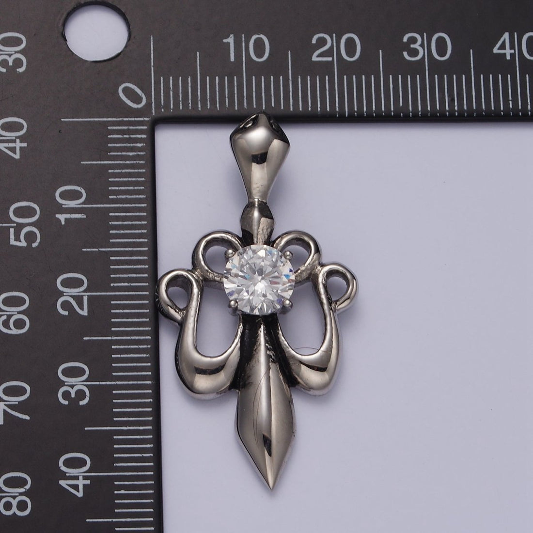 Stainless Steel 42mm Clear CZ French Fleur De Lis Ribbon Pendant | P-811
