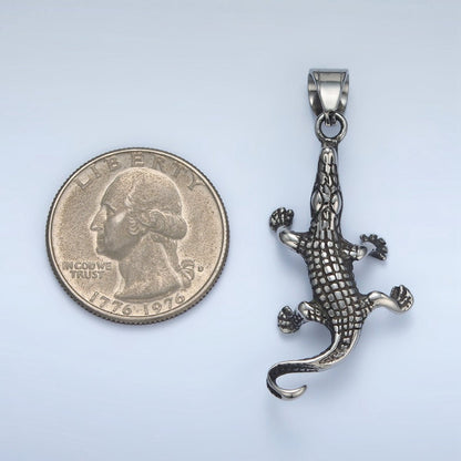 Stainless Steel 42mm Crocodile Alligator Animal Oxidized Silver Pendant | P1482