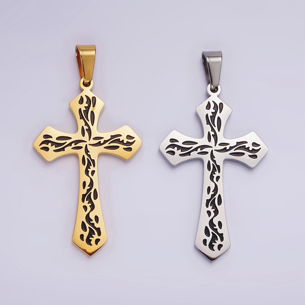 Stainless Steel 44mm Black Artisan Wave Holy Spirit Baptism Fire Passion Cross Pendant in Gold &amp; Silver | P-850
