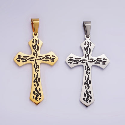 Stainless Steel 44mm Black Artisan Wave Holy Spirit Baptism Fire Passion Cross Pendant in Gold &amp; Silver | P-850