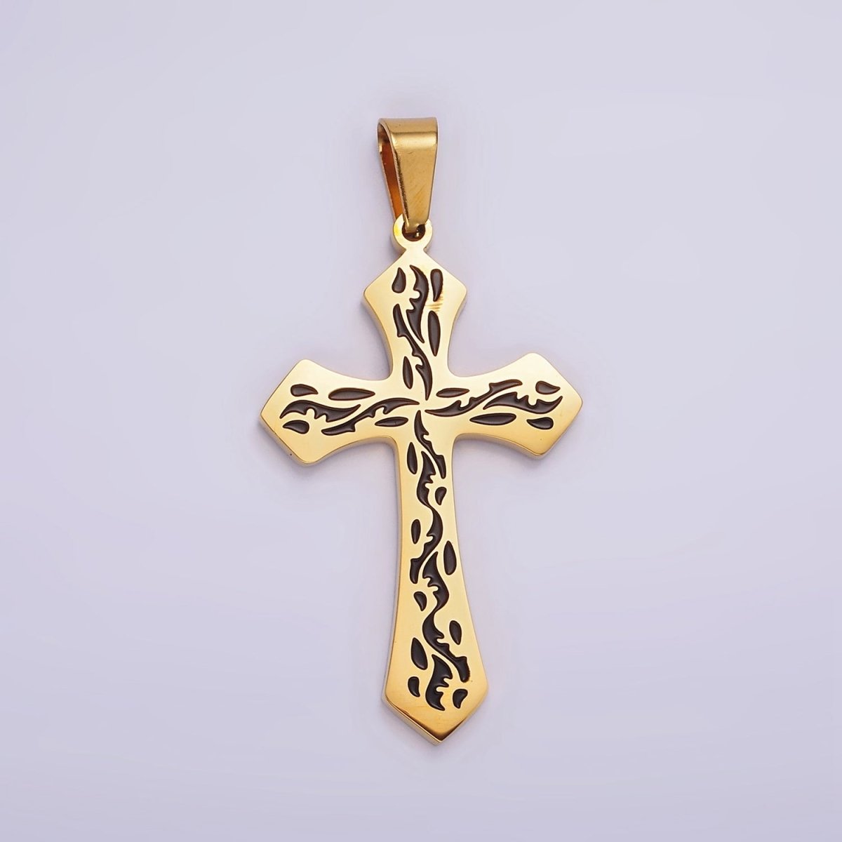 Stainless Steel 44mm Black Artisan Wave Holy Spirit Baptism Fire Passion Cross Pendant in Gold &amp; Silver | P-850