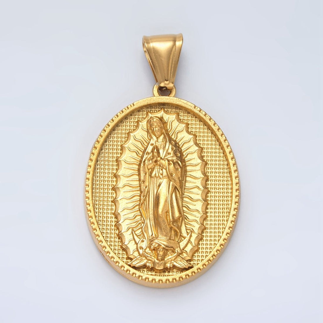 Stainless Steel 44mm Miraculous Lady Guadalupe Mary Textured Oval Pendant | P1471