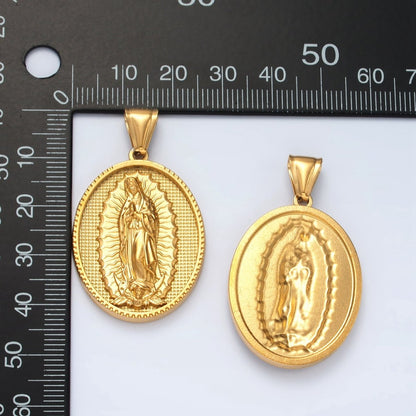Stainless Steel 44mm Miraculous Lady Guadalupe Mary Textured Oval Pendant | P1471