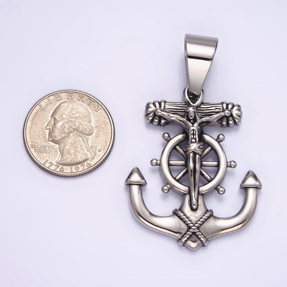 Stainless Steel 45.5mm Crucifix Jesus Steering Wheel Anchor Pendant | P-823
