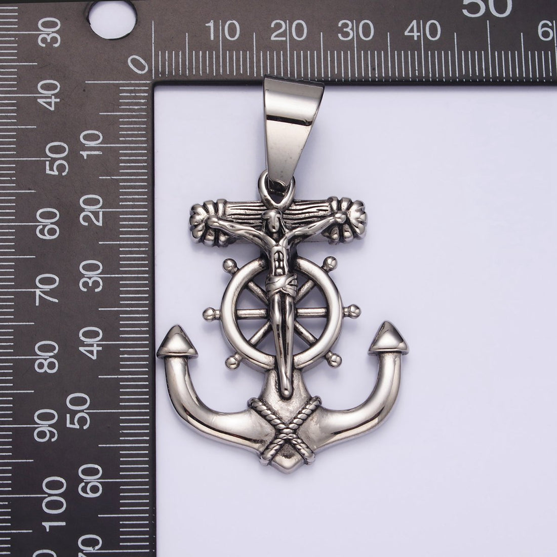 Stainless Steel 45.5mm Crucifix Jesus Steering Wheel Anchor Pendant | P-823