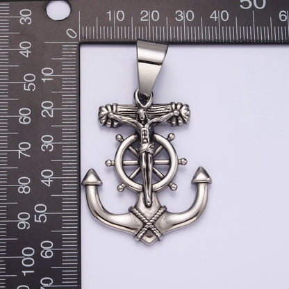 Stainless Steel 45.5mm Crucifix Jesus Steering Wheel Anchor Pendant | P-823