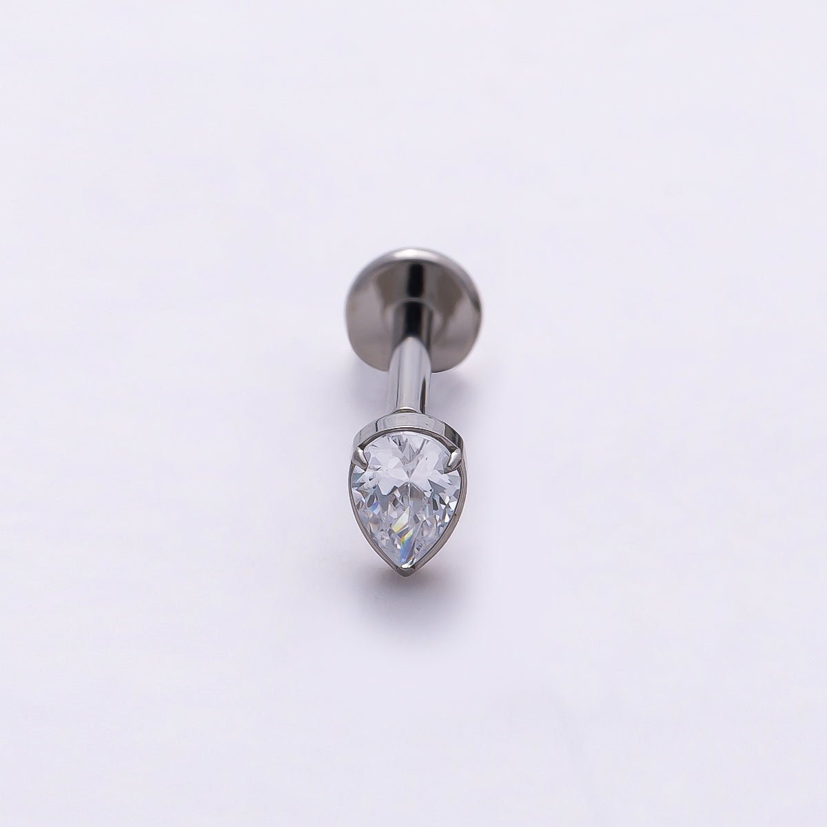 Titanium 4.5mm Clear CZ Teardrop Single Cartilage Piercing Flat Back Stud in Gold &amp; Silver | BJ-00009 BJ-00010