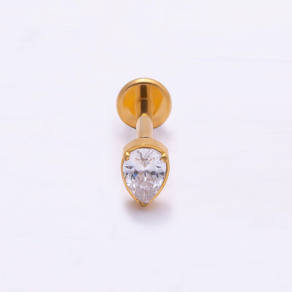 Titanium 4.5mm Clear CZ Teardrop Single Cartilage Piercing Flat Back Stud in Gold &amp; Silver | BJ-00009 BJ-00010