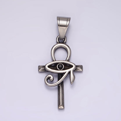 Stainless Steel 45mm Eye of Ra Edged Ankh Cross Oxidized Pendant | P1178