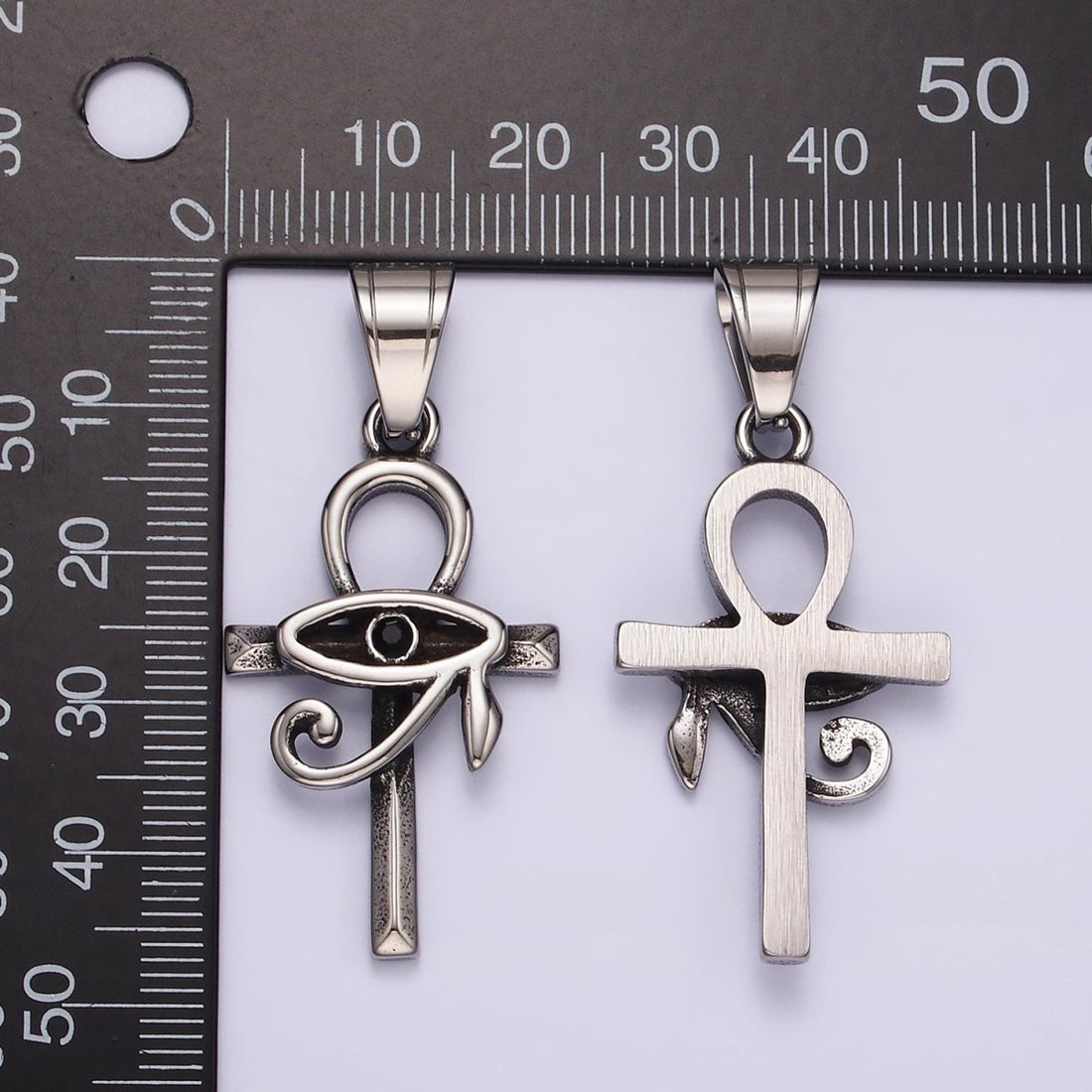 Stainless Steel 45mm Eye of Ra Edged Ankh Cross Oxidized Pendant | P1178