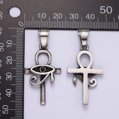 Stainless Steel 45mm Eye of Ra Edged Ankh Cross Oxidized Pendant | P1178