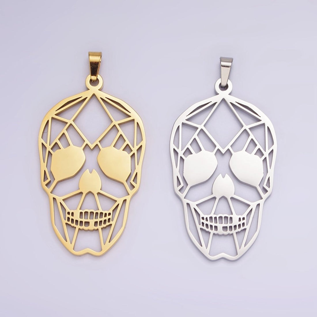 Stainless Steel 45mm Open Geometric Skeleton Skull Pendant in Gold &amp; Silver | P-848