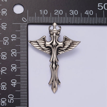Stainless Steel 46.5mm Artisan Fleury Cross Crown Feather Wings Pendant | P-805