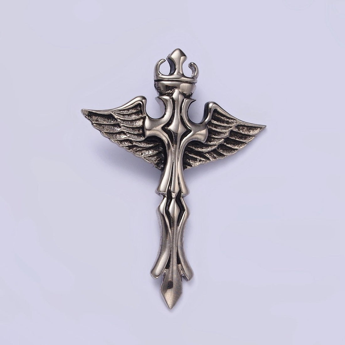 Stainless Steel 46.5mm Artisan Fleury Cross Crown Feather Wings Pendant | P-805