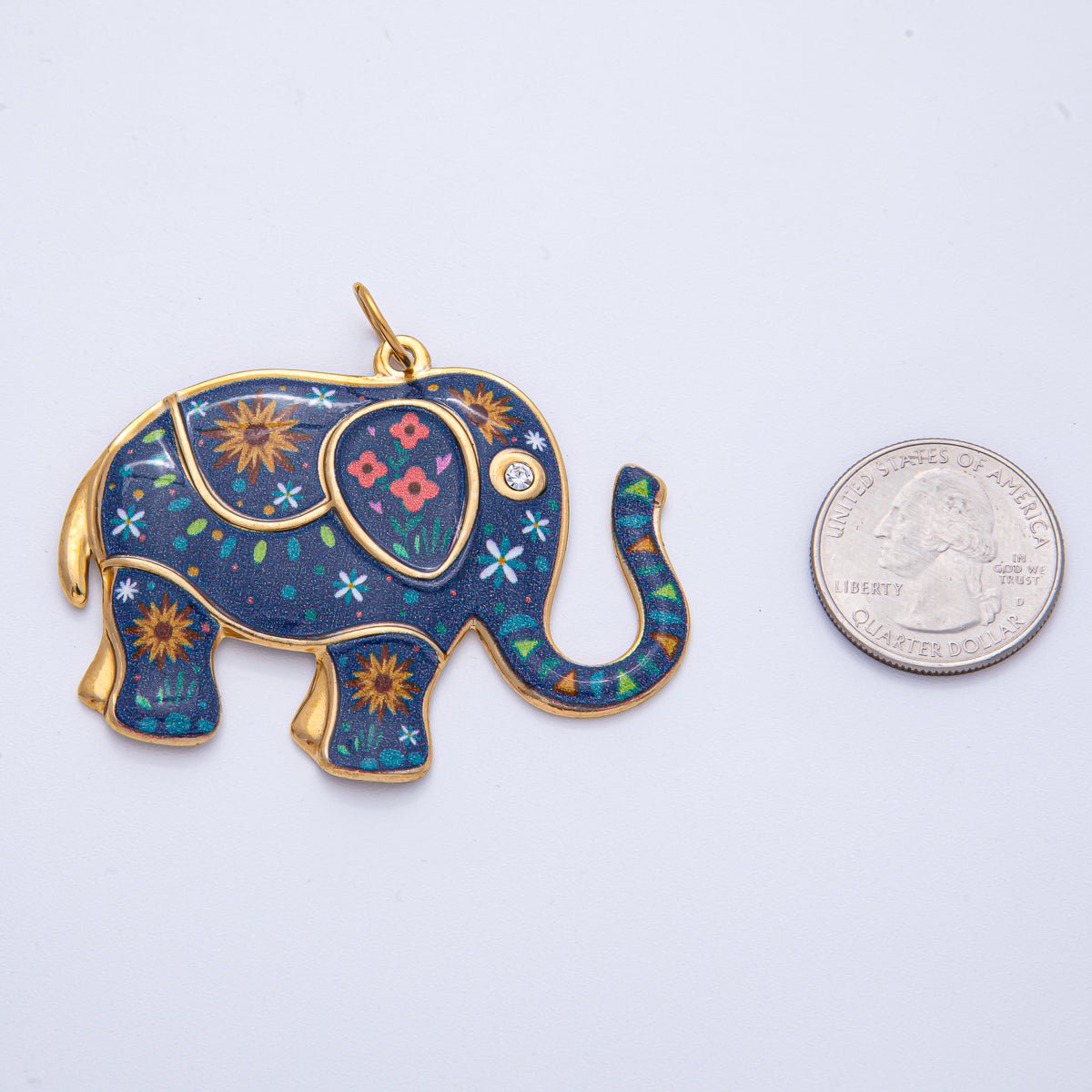Stainless Steel 46mm Blue Flower Enamel CZ Elephant Statement Charm | J898