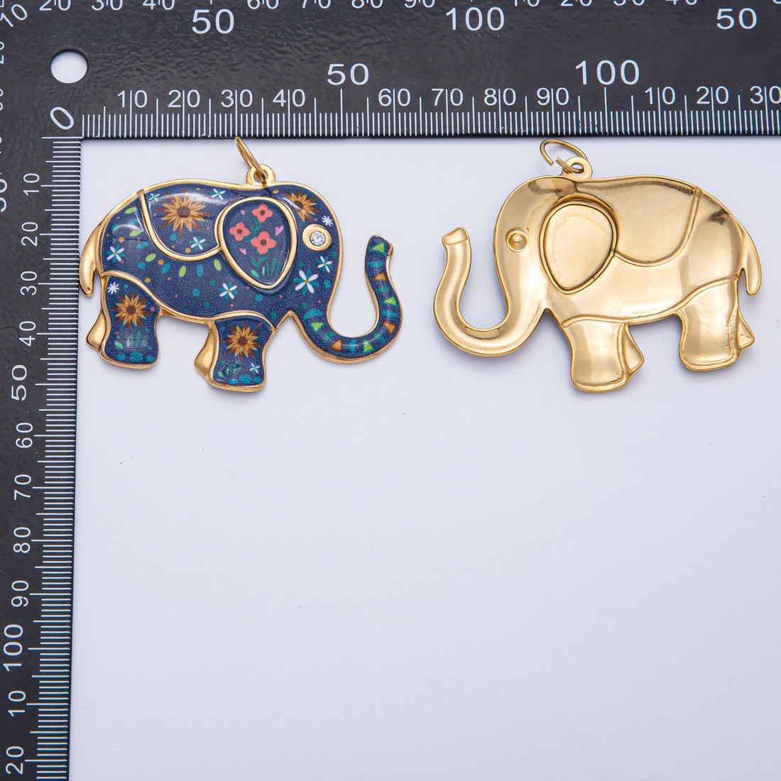 Stainless Steel 46mm Blue Flower Enamel CZ Elephant Statement Charm | J898
