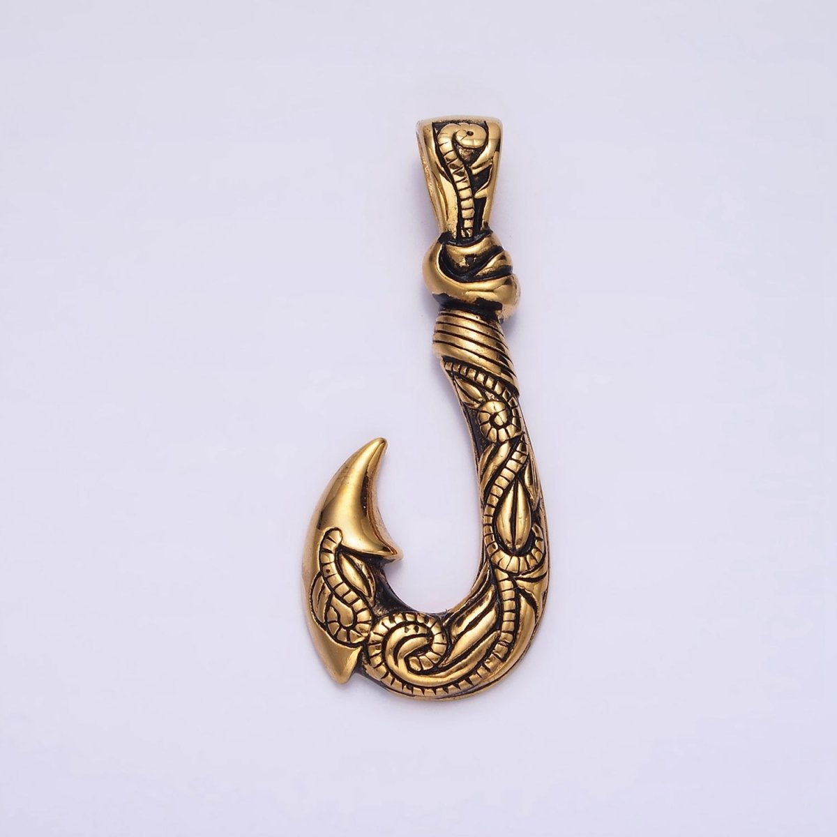 Stainless Steel 47mm Fish J-Hook Vine Engraved Pendant in Silver &amp; Gold | P-779