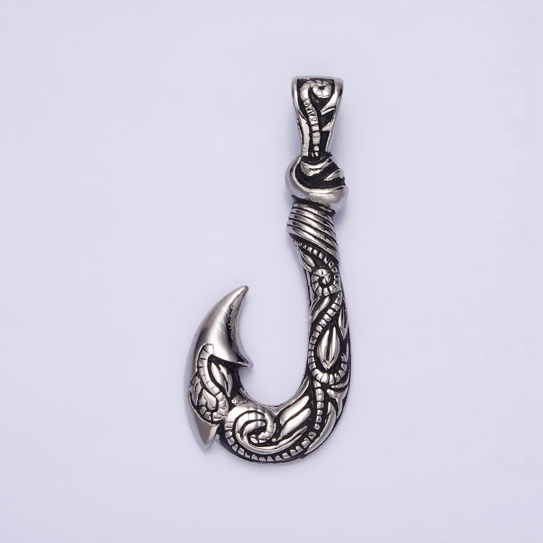 Stainless Steel 47mm Fish J-Hook Vine Engraved Pendant in Silver &amp; Gold | P-779