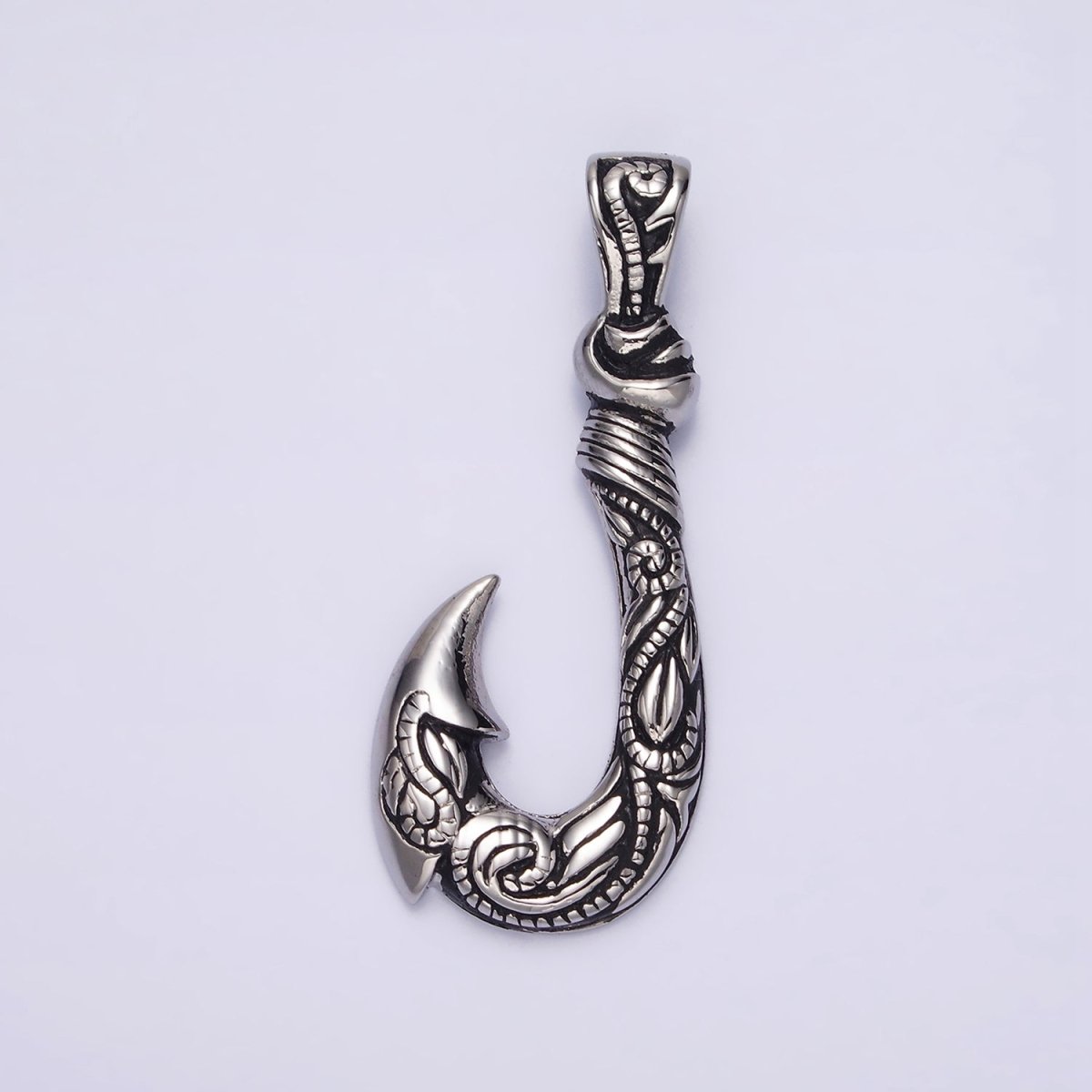 Stainless Steel 47mm Fish J-Hook Vine Engraved Pendant in Silver &amp; Gold | P-779