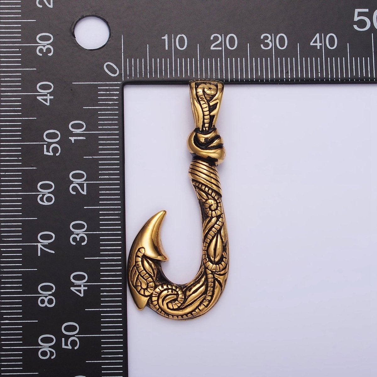 Stainless Steel 47mm Fish J-Hook Vine Engraved Pendant in Silver &amp; Gold | P-779