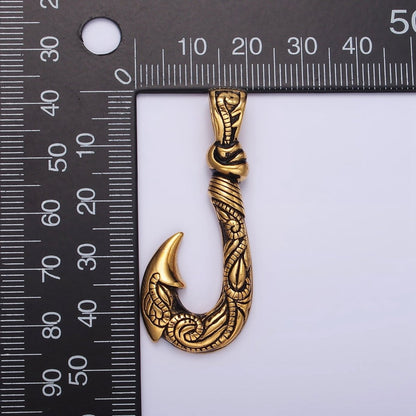 Stainless Steel 47mm Fish J-Hook Vine Engraved Pendant in Silver &amp; Gold | P-779